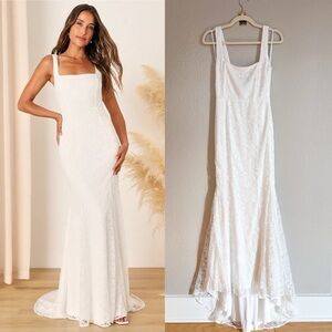 Lulus Eternal Happiness White Lace Square Neck Mermaid Maxi Dress